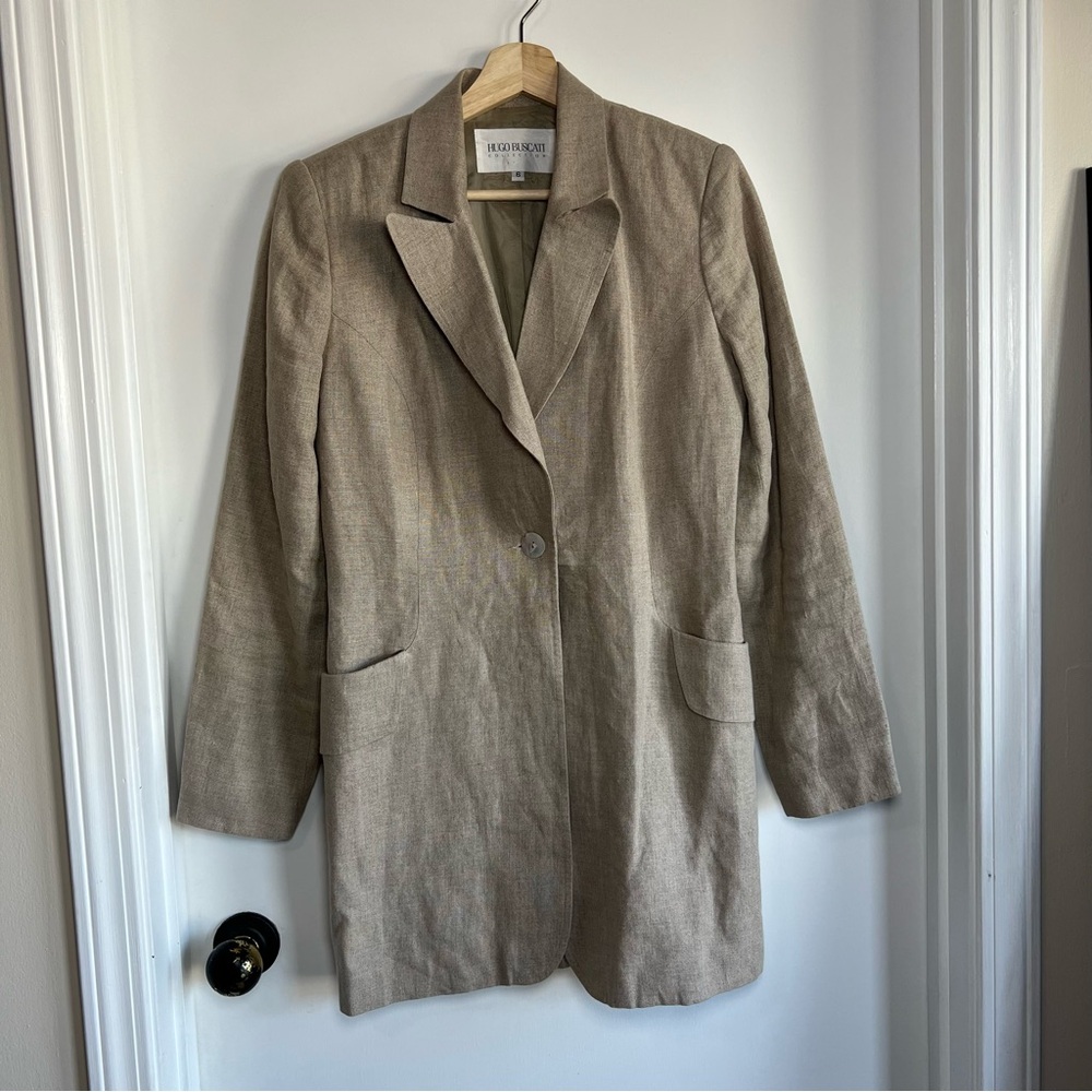 Vintage Hugo Buscati Tan Linen Long Blazer Jacket Made In USA,‎ Size 6